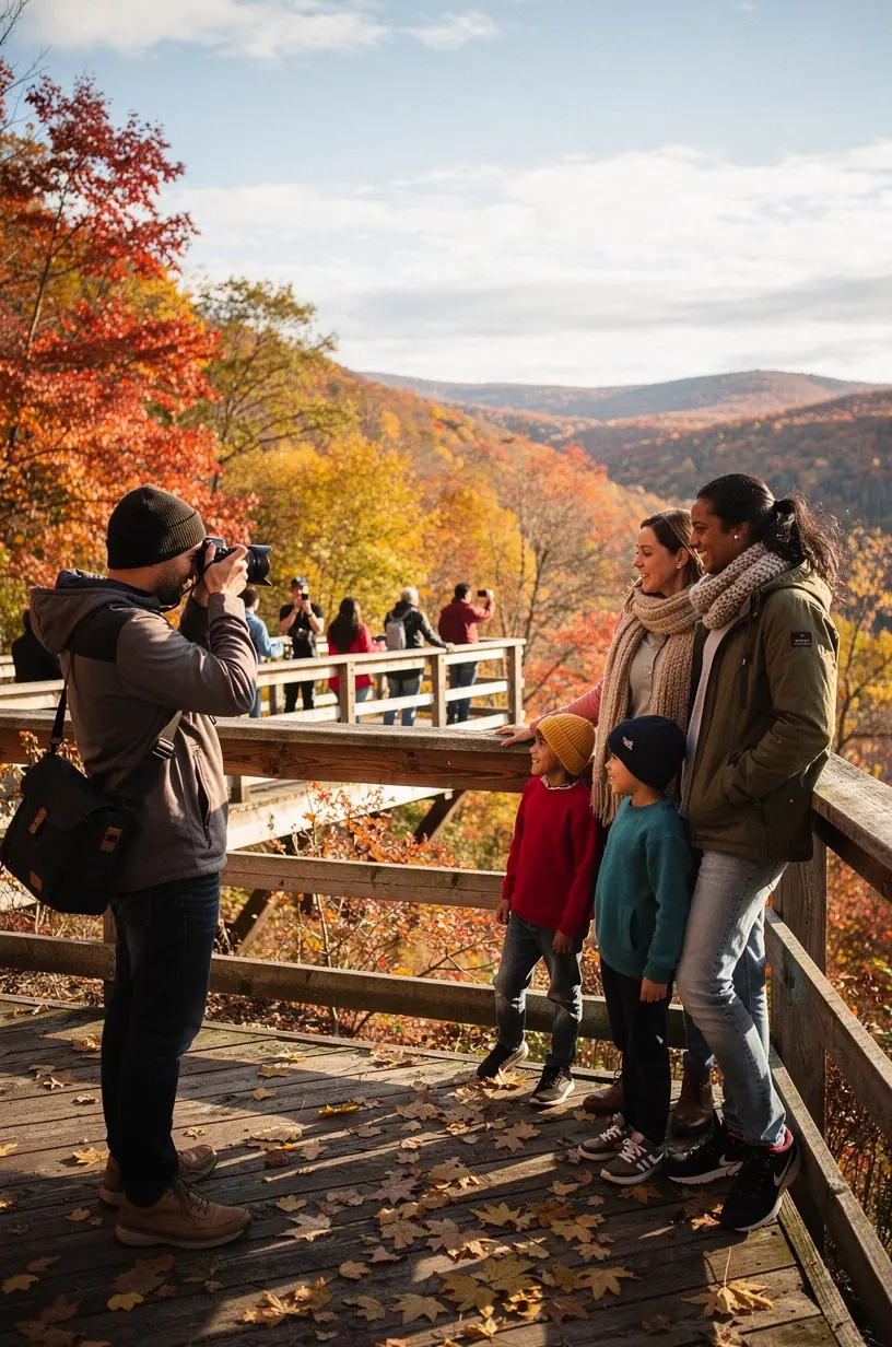 Посетители на смотровой площадке с биноклями, изучающие природные достопримечательности США.
